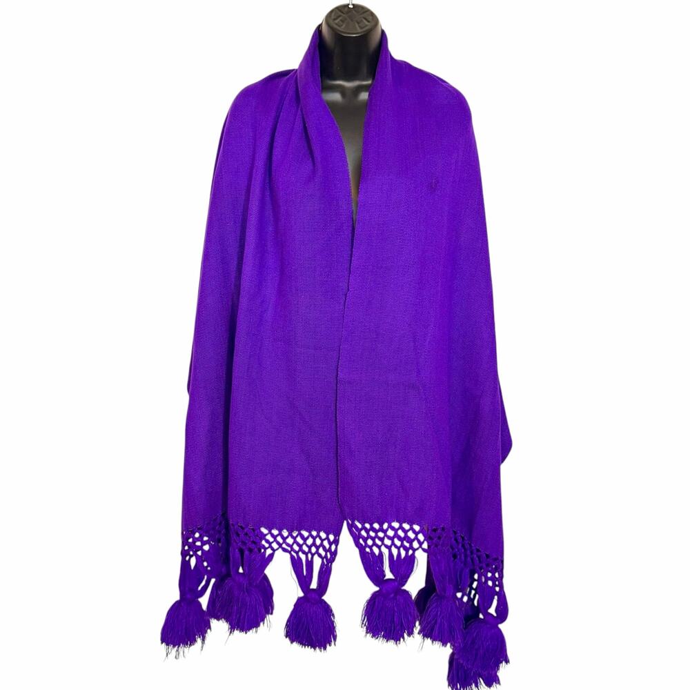 Vintage Mexican Rebozo Shawl Scarf Wrap Purple Woven Macrame Tassel Fringe Folk